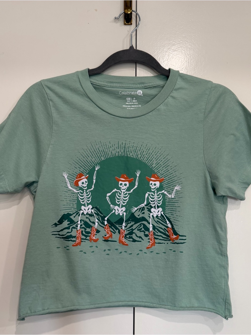 Celebrate It Sage Green Tee with Dancing Skeletons and Orange Accents